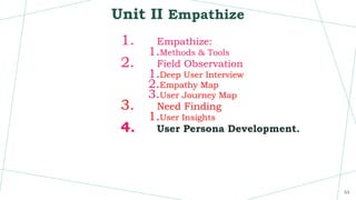 Unit II Empathize
1. Empathize:
1.Methods & Tools
2. Field Observation
1.Deep User Interview
2.Empathy Map
3.User Journey Map
3. Need Finding
1.User Insights
4. User Persona Development.
53
 