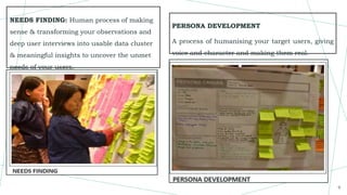 NEEDS FINDING: Human process of making
sense & transforming your observations and
deep user interviews into usable data cluster
& meaningful insights to uncover the unmet
needs of your users.
9
PERSONA DEVELOPMENT
A process of humanising your target users, giving
voice and character and making them real.
 