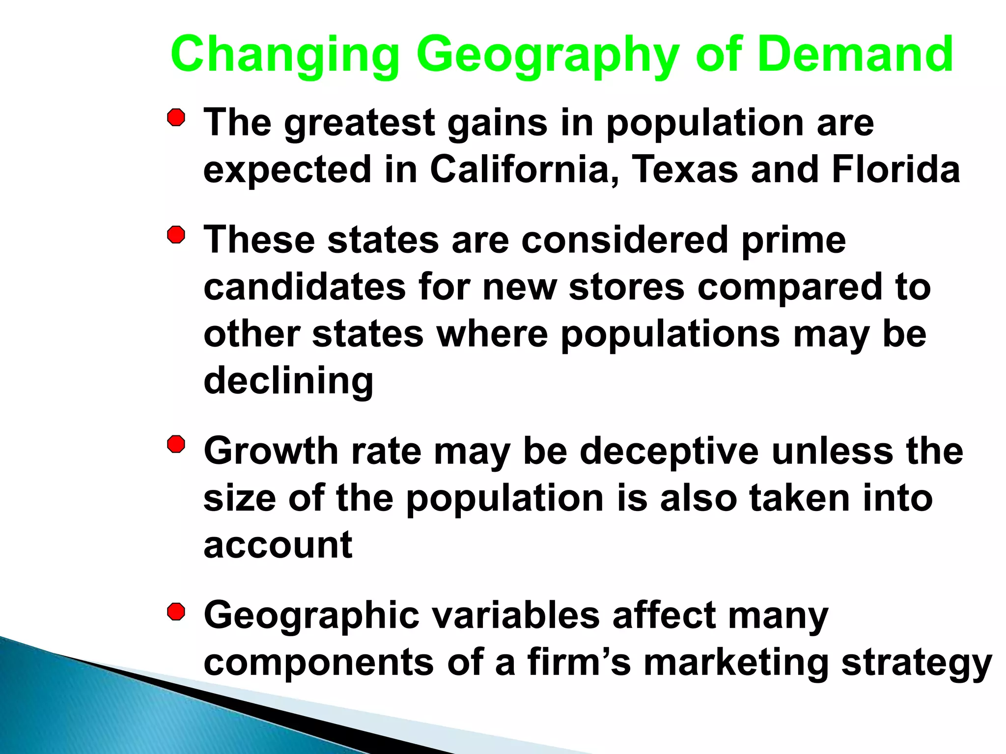 Changing Geography of Demand
The greatest gains in population are
expected in California, Texas and Florida
These states are considered prime
candidates for new stores compared to
other states where populations may be
declining
Growth rate may be deceptive unless the
size of the population is also taken into
account
Geographic variables affect many
components of a firm’s marketing strategy
 