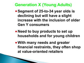 Generation X (Young Adults)
Segment of 25-to-34 year olds is
declining but will have a slight
increase with the inclusion of older
Gen Y consumers
Need to buy products to set up
households and for young children
With many needs and greater
financial restraints, they often shop
at value-oriented retailers
 