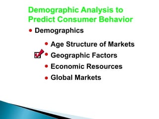 Demographic Analysis to
Predict Consumer Behavior
Demographics
Age Structure of Markets
Geographic Factors
Economic Resources
Global Markets
 