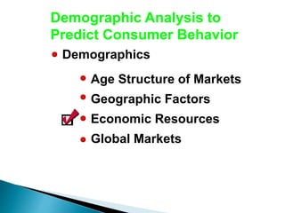 Demographic Analysis to
Predict Consumer Behavior
Demographics
Age Structure of Markets
Geographic Factors
Economic Resources
Global Markets
 