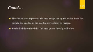 Contd…
 The shaded area represents the area swept out by the radius from the
earth to the satellite as the satellite moves from its perigee.
 Kepler had determined that this area grows linearly with time.
150
 