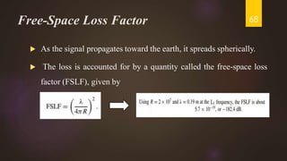 Free-Space Loss Factor
 As the signal propagates toward the earth, it spreads spherically.
 The loss is accounted for by a quantity called the free-space loss
factor (FSLF), given by
68
 