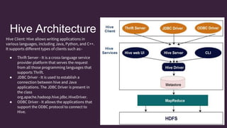 Hive Architecture
Hive Client: Hive allows writing applications in
various languages, including Java, Python, and C++.
It supports different types of clients such as:-
● Thrift Server - It is a cross-language service
provider platform that serves the request
from all those programming languages that
supports Thrift.
● JDBC Driver - It is used to establish a
connection between hive and Java
applications. The JDBC Driver is present in
the class
org.apache.hadoop.hive.jdbc.HiveDriver.
● ODBC Driver - It allows the applications that
support the ODBC protocol to connect to
Hive.
 