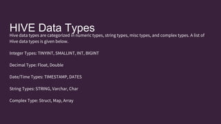 HIVE Data Types
Hive data types are categorized in numeric types, string types, misc types, and complex types. A list of
Hive data types is given below.
Integer Types: TINYINT, SMALLINT, INT, BIGINT
Decimal Type: Float, Double
Date/Time Types: TIMESTAMP, DATES
String Types: STRING, Varchar, Char
Complex Type: Struct, Map, Array
 