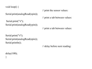 void loop() {
// print the sensor values:
Serial.print(analogRead(xpin));
// print a tab between values:
Serial.print("t");
Serial.print(analogRead(ypin));
// print a tab between values:
Serial.print("t");
Serial.print(analogRead(zpin));
Serial.println();
// delay before next reading:
delay(100);
}
 