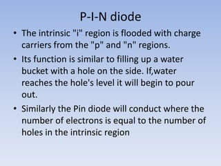 P-I-N diodeThe intrinsic "i" region is flooded with charge carriers from the "p" and "n" regions.Its function is similar to filling up a water bucket with a hole on the side. If,water reaches the hole's level it will begin to pour out.Similarly the Pin diode will conduct where the number of electrons is equal to the number of holes in the intrinsic region