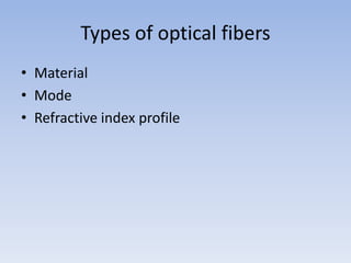 Types of optical fibers Material ModeRefractive index profile