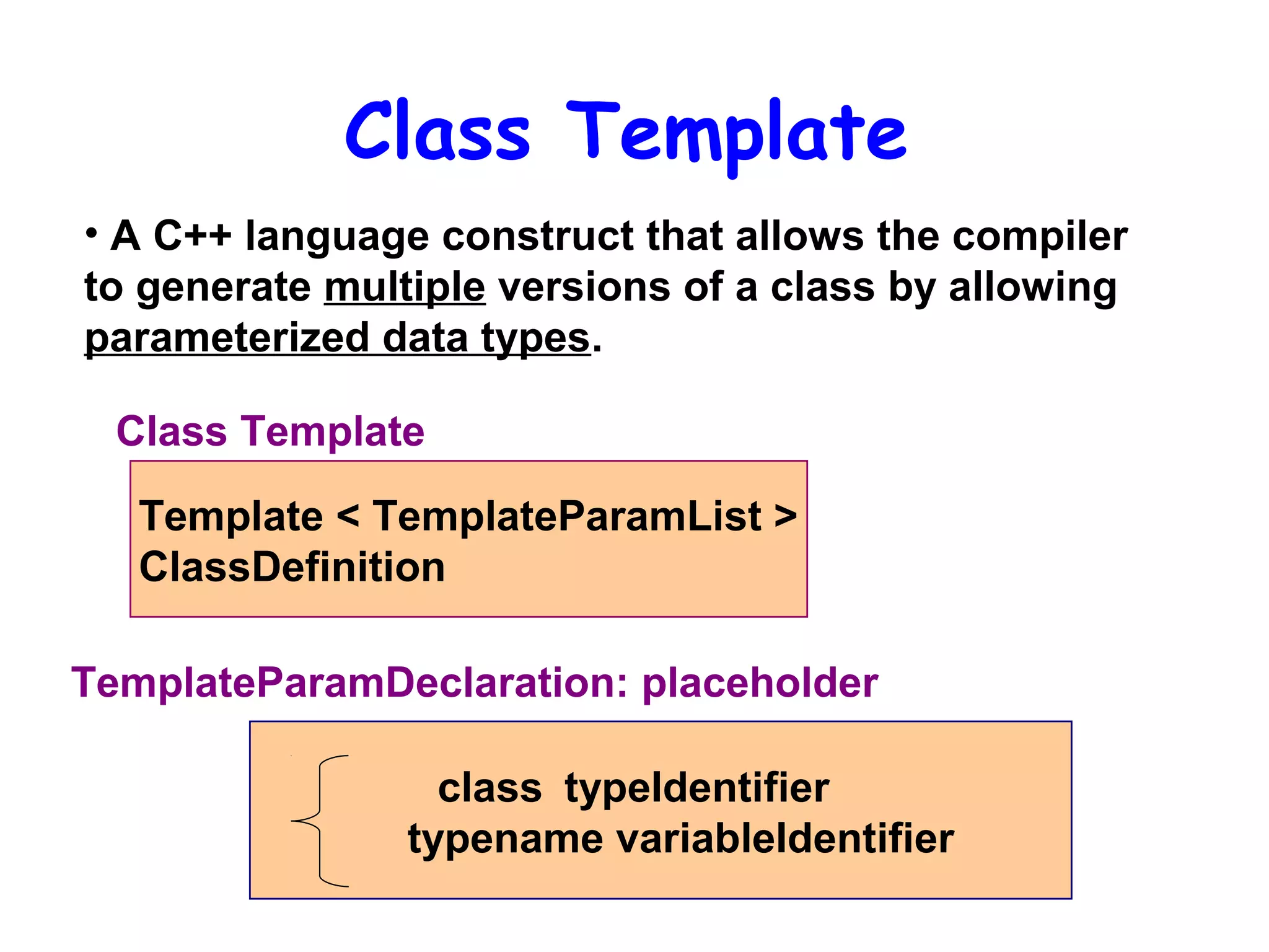 Class Template
• A C++ language construct that allows the compiler
to generate multiple versions of a class by allowing
parameterized data types.
Template < TemplateParamList >
ClassDefinition
Class Template
TemplateParamDeclaration: placeholder
class typeIdentifier
typename variableIdentifier
 