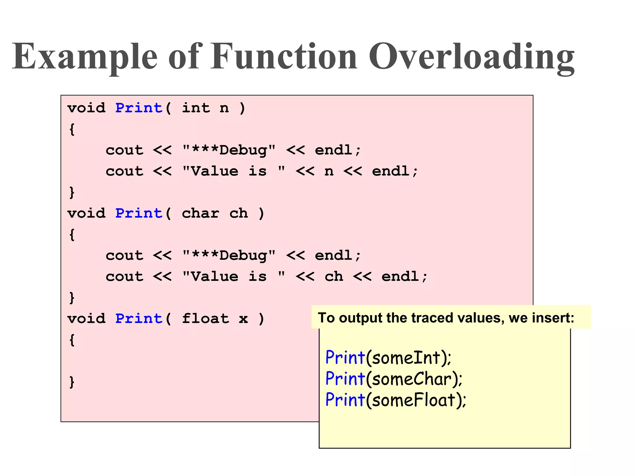 Example of Function Overloading
void Print( int n )
{
cout << "***Debug" << endl;
cout << "Value is " << n << endl;
}
void Print( char ch )
{
cout << "***Debug" << endl;
cout << "Value is " << ch << endl;
}
void Print( float x )
{
}
Print(someInt);
Print(someChar);
Print(someFloat);
To output the traced values, we insert:
 