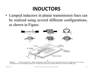 INDUCTORS
• Lumped inductors in planar transmission lines can
be realized using several different configurations,
as shown in Figure.
8-Nov-16 Planar Passive Components and Filters 12
 