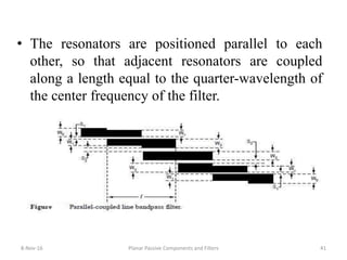 • The resonators are positioned parallel to each
other, so that adjacent resonators are coupled
along a length equal to the quarter-wavelength of
the center frequency of the filter.
8-Nov-16 Planar Passive Components and Filters 41
 