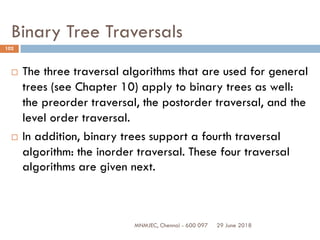 29 June 2018MNMJEC, Chennai - 600 097
102
Binary Tree Traversals
 The three traversal algorithms that are used for general
trees (see Chapter 10) apply to binary trees as well:
the preorder traversal, the postorder traversal, and the
level order traversal.
 In addition, binary trees support a fourth traversal
algorithm: the inorder traversal. These four traversal
algorithms are given next.
 