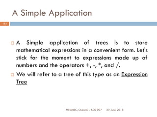 29 June 2018MNMJEC, Chennai - 600 097
113
A Simple Application
 A Simple application of trees is to store
mathematical expressions in a convenient form. Let's
stick for the moment to expressions made up of
numbers and the operators +, -, *, and /.
 We will refer to a tree of this type as an Expression
Tree
 