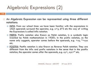29 June 2018MNMJEC, Chennai - 600 097
116
Algebraic Expressions (2)
 An Algebraic Expression can be represented using three different
notations:
 INFIX: From our school times we have been familiar with the expressions in
which operands surround the operator, e.g. x+y, 6*3 etc this way of writing
the Expressions is called infix notation.
 PREFIX: Prefix notation also Known as Polish notation, is a symbolic logic
invented by Polish mathematician in 1920's. In the prefix notation, as the
name only suggests, operator comes before the operands, e.g. +xy, *+xyz
etc.
 POSTFIX: Postfix notation is also Known as Reverse Polish notation. They are
different from the infix and prefix notations in the sense that in the postfix
notation, the operator comes after the operands, e.g. xy+, xyz+* etc.
 