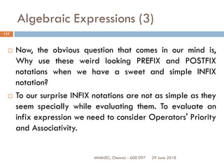 29 June 2018MNMJEC, Chennai - 600 097
117
Algebraic Expressions (3)
 Now, the obvious question that comes in our mind is,
Why use these weird looking PREFIX and POSTFIX
notations when we have a sweet and simple INFIX
notation?
 To our surprise INFIX notations are not as simple as they
seem specially while evaluating them. To evaluate an
infix expression we need to consider Operators' Priority
and Associativity.
 