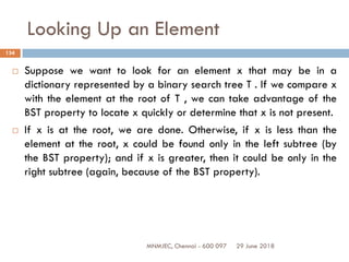 29 June 2018MNMJEC, Chennai - 600 097
134
Looking Up an Element
 Suppose we want to look for an element x that may be in a
dictionary represented by a binary search tree T . If we compare x
with the element at the root of T , we can take advantage of the
BST property to locate x quickly or determine that x is not present.
 If x is at the root, we are done. Otherwise, if x is less than the
element at the root, x could be found only in the left subtree (by
the BST property); and if x is greater, then it could be only in the
right subtree (again, because of the BST property).
 