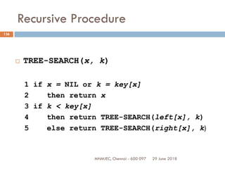 29 June 2018MNMJEC, Chennai - 600 097
136
Recursive Procedure
 TREE-SEARCH(x, k)
1 if x = NIL or k = key[x]
2 then return x
3 if k < key[x]
4 then return TREE-SEARCH(left[x], k)
5 else return TREE-SEARCH(right[x], k)
 