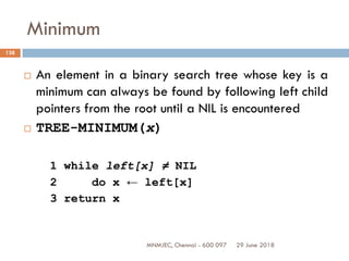 29 June 2018MNMJEC, Chennai - 600 097
138
Minimum
 An element in a binary search tree whose key is a
minimum can always be found by following left child
pointers from the root until a NIL is encountered
 TREE-MINIMUM(x)
1 while left[x] ≠ NIL
2 do x ← left[x]
3 return x
 