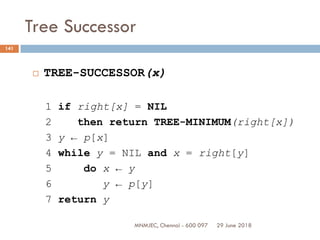 29 June 2018MNMJEC, Chennai - 600 097
141
Tree Successor
 TREE-SUCCESSOR(x)
1 if right[x] = NIL
2 then return TREE-MINIMUM(right[x])
3 y ← p[x]
4 while y = NIL and x = right[y]
5 do x ← y
6 y ← p[y]
7 return y
 