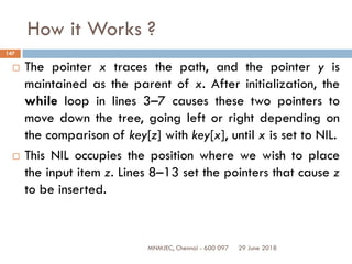 29 June 2018MNMJEC, Chennai - 600 097
147
How it Works ?
 The pointer x traces the path, and the pointer y is
maintained as the parent of x. After initialization, the
while loop in lines 3–7 causes these two pointers to
move down the tree, going left or right depending on
the comparison of key[z] with key[x], until x is set to NIL.
 This NIL occupies the position where we wish to place
the input item z. Lines 8–13 set the pointers that cause z
to be inserted.
 