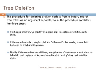 29 June 2018MNMJEC, Chennai - 600 097
149
Tree Deletion
 The procedure for deleting a given node z from a binary search
tree takes as an argument a pointer to z. The procedure considers
the three cases:
 If z has no children, we modify its parent p[z] to replace z with NIL as its
child.
 If the node has only a single child, we “splice out” z by making a new link
between its child and its parent.
 Finally, if the node has two children, we splice out z’s successor y, which has no
left child and replace z’s key and satellite data with y’s key and satellite
data.
 