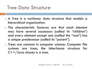 29 June 2018MNMJEC, Chennai - 600 097
16
Tree Data Structure
 A Tree is a nonlinear data structure that models a
hierarchical organization.
 The characteristic features are that each element
may have several successors (called its “children”)
and every element except one (called the “root”) has
a unique predecessor (called its “parent”).
 Trees are common in computer science: Computer file
systems are trees, the inheritance structure for
C++/Java classes is a tree.
 