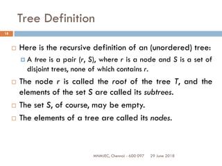 29 June 2018MNMJEC, Chennai - 600 097
18
Tree Definition
 Here is the recursive definition of an (unordered) tree:
 A tree is a pair (r, S), where r is a node and S is a set of
disjoint trees, none of which contains r.
 The node r is called the root of the tree T, and the
elements of the set S are called its subtrees.
 The set S, of course, may be empty.
 The elements of a tree are called its nodes.
 