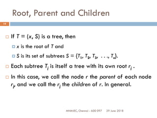 29 June 2018MNMJEC, Chennai - 600 097
19
Root, Parent and Children
 If T = (x, S) is a tree, then
 x is the root of T and
 S is its set of subtrees S = {T1, T2, T3, . . ., Tn}.
 Each subtree Tj is itself a tree with its own root rj .
 In this case, we call the node r the parent of each node
rj, and we call the rj the children of r. In general.
 