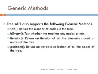 29 June 2018MNMJEC, Chennai - 600 097
40
Generic Methods
 Tree ADT also supports the following Generic Methods:
 size(): Return the number of nodes in the tree.
 isEmpty(): Test whether the tree has any nodes or not.
 Iterator(): Return an iterator of all the elements stored at
nodes of the tree.
 positions(): Return an iterable collection of all the nodes of
the tree.
 