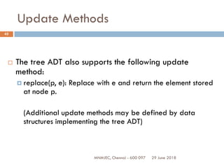 29 June 2018MNMJEC, Chennai - 600 097
42
Update Methods
 The tree ADT also supports the following update
method:
 replace(p, e): Replace with e and return the element stored
at node p.
(Additional update methods may be defined by data
structures implementing the tree ADT)
 