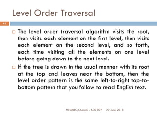29 June 2018MNMJEC, Chennai - 600 097
45
Level Order Traversal
 The level order traversal algorithm visits the root,
then visits each element on the first level, then visits
each element on the second level, and so forth,
each time visiting all the elements on one level
before going down to the next level.
 If the tree is drawn in the usual manner with its root
at the top and leaves near the bottom, then the
level order pattern is the same left-to-right top-to-
bottom pattern that you follow to read English text.
 