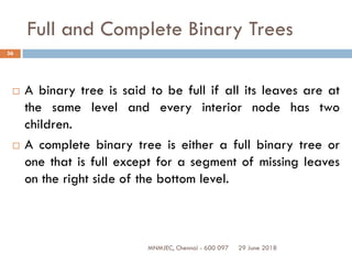 29 June 2018MNMJEC, Chennai - 600 097
56
Full and Complete Binary Trees
 A binary tree is said to be full if all its leaves are at
the same level and every interior node has two
children.
 A complete binary tree is either a full binary tree or
one that is full except for a segment of missing leaves
on the right side of the bottom level.
 