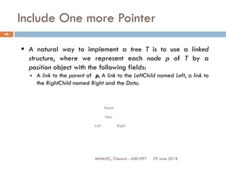 29 June 2018MNMJEC, Chennai - 600 097
68
Include One more Pointer
 A natural way to implement a tree T is to use a linked
structure, where we represent each node p of T by a
position object with the following fields:
 A link to the parent of p, A link to the LeftChild named Left, a link to
the RightChild named Right and the Data.
Parent
Data
Left Right
 