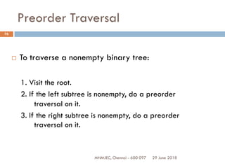 29 June 2018MNMJEC, Chennai - 600 097
76
Preorder Traversal
 To traverse a nonempty binary tree:
1. Visit the root.
2. If the left subtree is nonempty, do a preorder
traversal on it.
3. If the right subtree is nonempty, do a preorder
traversal on it.
 