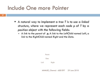 29 June 2018MNMJEC, Chennai - 600 097
97
Include One more Pointer
 A natural way to implement a tree T is to use a linked
structure, where we represent each node p of T by a
position object with the following fields:
 A link to the parent of p, A link to the LeftChild named Left, a
link to the RightChild named Right and the Data.
Parent
Data
Left Right
 