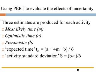 Using PERT to evaluate the effects of uncertainty
Three estimates are produced for each activity
 Most likely time (m)
 Optimistic time (a)
 Pessimistic (b)
 ‘expected time’ te = (a + 4m +b) / 6
 ‘activity standard deviation’ S = (b-a)/6
25
 