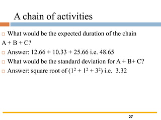A chain of activities
 What would be the expected duration of the chain
A + B + C?
 Answer: 12.66 + 10.33 + 25.66 i.e. 48.65
 What would be the standard deviation for A + B+ C?
 Answer: square root of (12 + 12 + 32) i.e. 3.32
27
 