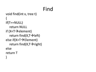 Find
void find(int x, tree t)
{
if(T==NULL)
return NULL
if (X<Telement)
return find(X,Tleft)
else if(X>TElement)
return find(X,Tright)
else
return T
}
 