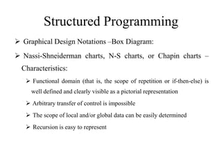 Structured Programming
 Graphical Design Notations –Box Diagram:
 Nassi-Shneiderman charts, N-S charts, or Chapin charts –
Characteristics:
 Functional domain (that is, the scope of repetition or if-then-else) is
well defined and clearly visible as a pictorial representation
 Arbitrary transfer of control is impossible
 The scope of local and/or global data can be easily determined
 Recursion is easy to represent
 