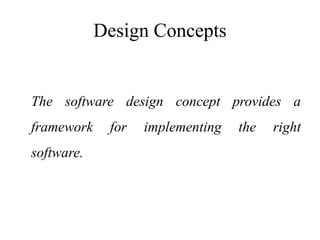 Design Concepts
The software design concept provides a
framework for implementing the right
software.
 