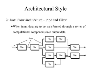 Architectural Style
 Data Flow architecture – Pipe and Filter:
When input data are to be transformed through a series of
computational components into output data.
 