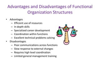 Advantages and Disadvantages of Functional
Organization Structures
• Advantages
– Efficient use of resources
– In depth skills
– Specialized career development
– Coordination within functions
– Excellent technical problems solving
• Disadvantages
– Poor communications across functions
– Slow response to external changes
– Requires high level coordination
– Limited general management training
 