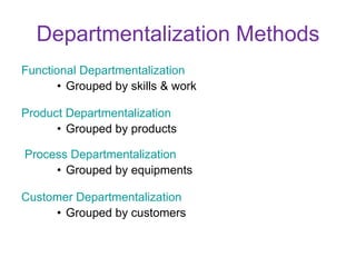 Departmentalization Methods
Functional Departmentalization
• Grouped by skills & work
Product Departmentalization
• Grouped by products
Process Departmentalization
• Grouped by equipments
Customer Departmentalization
• Grouped by customers
 