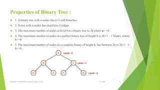 Properties of Binary Tree :
 1. A binary tree with n nodes has n+1 null branches.
 2. A tree with n nodes has exactly(n-1) edges.
 3. The maximum number of nodes at level i in a binary tree is, 2i where n> =0
 4. The maximum number of nodes in a perfect binary tree of height h is 2h+1 – 1 Nodes, where
h>=0.
 5. The maximum number of nodes in a complete binary of height h, has between 2h to 2h+1 –1,
h>=0.
3/5/2022
VELAMMAL ENGINEERING COLLEGE, Dept. of CSE 44
 