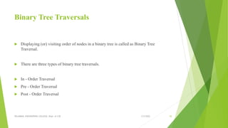 Binary Tree Traversals
 Displaying (or) visiting order of nodes in a binary tree is called as Binary Tree
Traversal.
 There are three types of binary tree traversals.
 In - Order Traversal
 Pre - Order Traversal
 Post - Order Traversal
3/5/2022
VELAMMAL ENGINEERING COLLEGE, Dept. of CSE 45
 