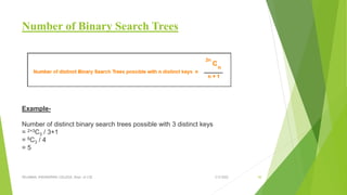 Number of Binary Search Trees
3/5/2022
VELAMMAL ENGINEERING COLLEGE, Dept. of CSE 50
Example-
Number of distinct binary search trees possible with 3 distinct keys
= 2×3C3 / 3+1
= 6C3 / 4
= 5
 