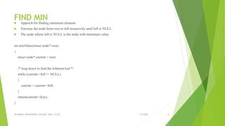 FIND MIN
 Approch for finding minimum element:
 Traverse the node from root to left recursively until left is NULL.
 The node whose left is NULL is the node with minimum value.
int minValue(struct node* root)
{
struct node* current = root;
/* loop down to find the leftmost leaf */
while (current->left != NULL)
{
current = current->left;
}
return(current->key);
}
3/5/2022
VELAMMAL ENGINEERING COLLEGE, Dept. of CSE 62
 