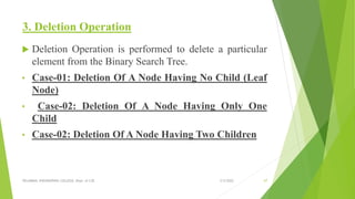3. Deletion Operation
 Deletion Operation is performed to delete a particular
element from the Binary Search Tree.
• Case-01: Deletion Of A Node Having No Child (Leaf
Node)
• Case-02: Deletion Of A Node Having Only One
Child
• Case-02: Deletion Of A Node Having Two Children
3/5/2022
VELAMMAL ENGINEERING COLLEGE, Dept. of CSE 67
 